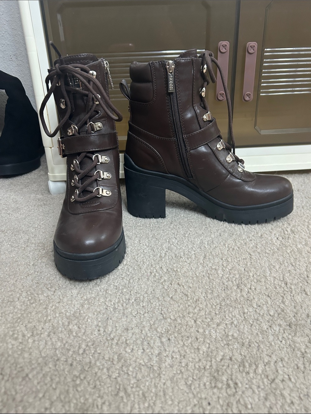 Guess Dark Brown Lace-Up Chunky Heel Ankle Boots